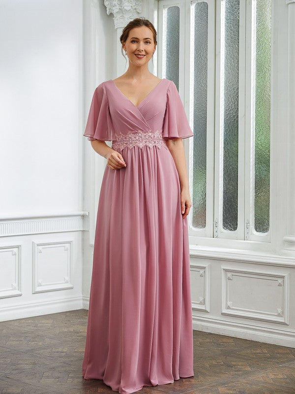 Chiffon Ruched V-neck 1/2 Sleeves Floor-Length Mother of the Bride Dresses