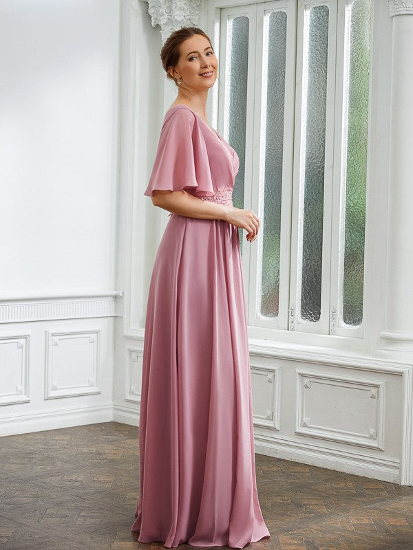 Chiffon Ruched V-neck 1/2 Sleeves Floor-Length Mother of the Bride Dresses