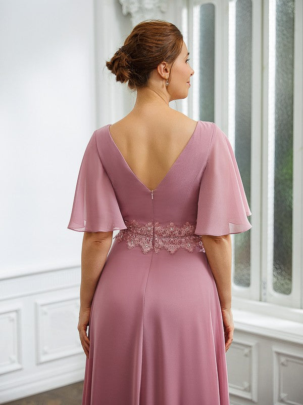 Chiffon Ruched V-neck 1/2 Sleeves Floor-Length Mother of the Bride Dresses