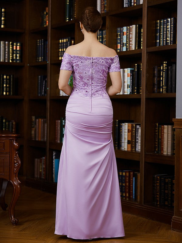 Charmeuse Ruched Off-the-Shoulder Short Sleeves Floor-Length Mother of the Bride Dresses