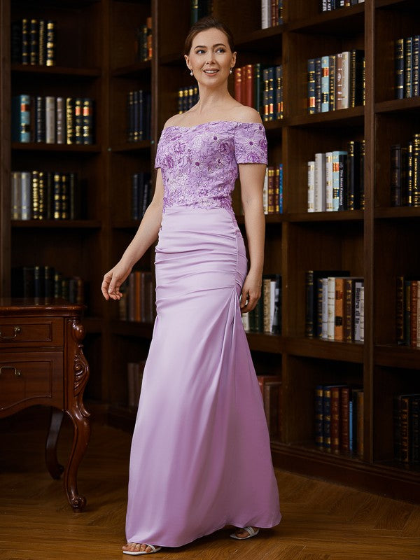 Charmeuse Ruched Off-the-Shoulder Short Sleeves Floor-Length Mother of the Bride Dresses