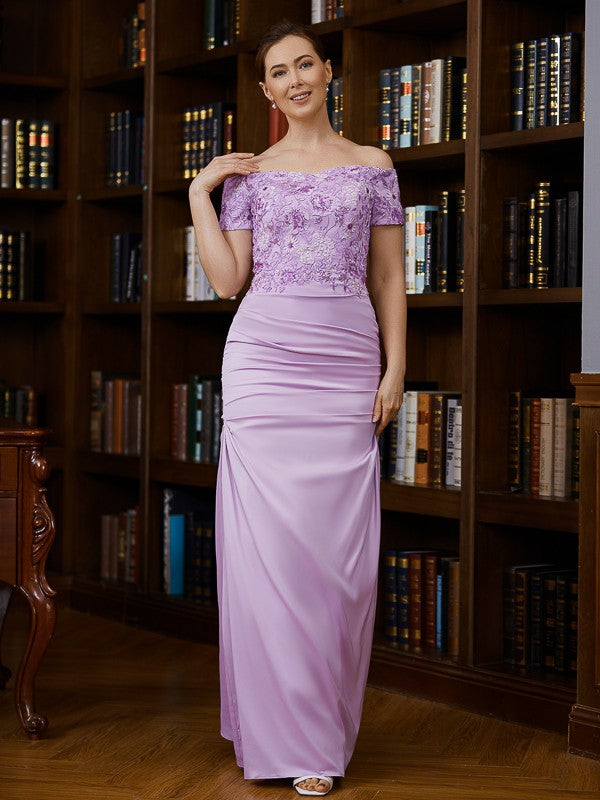 Charmeuse Ruched Off-the-Shoulder Short Sleeves Floor-Length Mother of the Bride Dresses