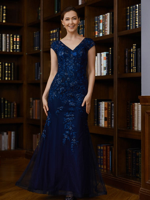 Applique V-neck Short Sleeves Floor-Length Mother of the Bride Dresses