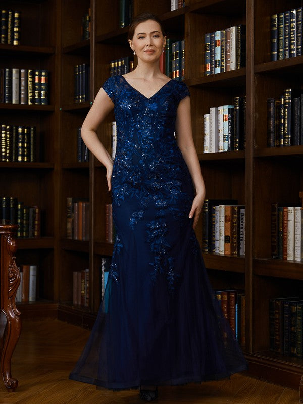 Applique V-neck Short Sleeves Floor-Length Mother of the Bride Dresses