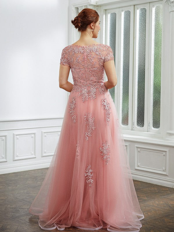 Tulle Applique Bateau Short Sleeves Floor-Length Dresses