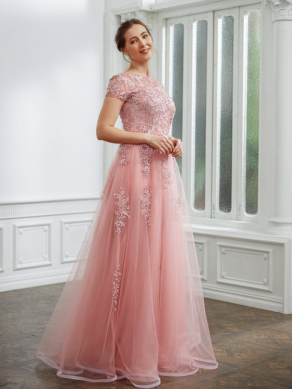 Tulle Applique Bateau Short Sleeves Floor-Length Dresses