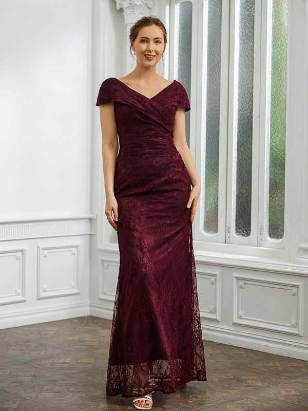 Lace Ruched V-neck Short Sleeves Floor-Length Mother of the Bride Dresses