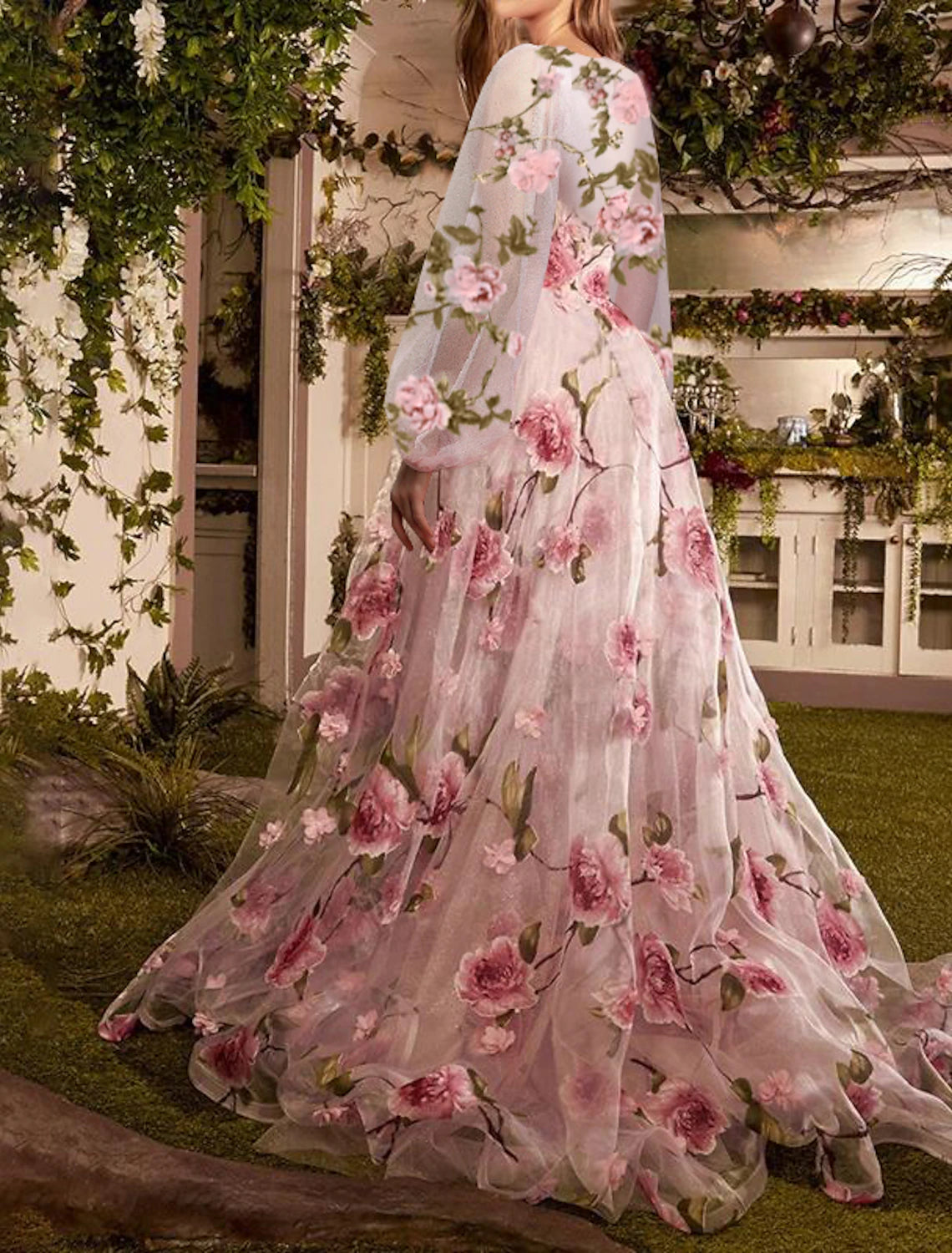 A-Line Evening Dresses Floral Dress Formal Wedding Guest Sweep / Brush Train Long Sleeve Jewel Neck Lace