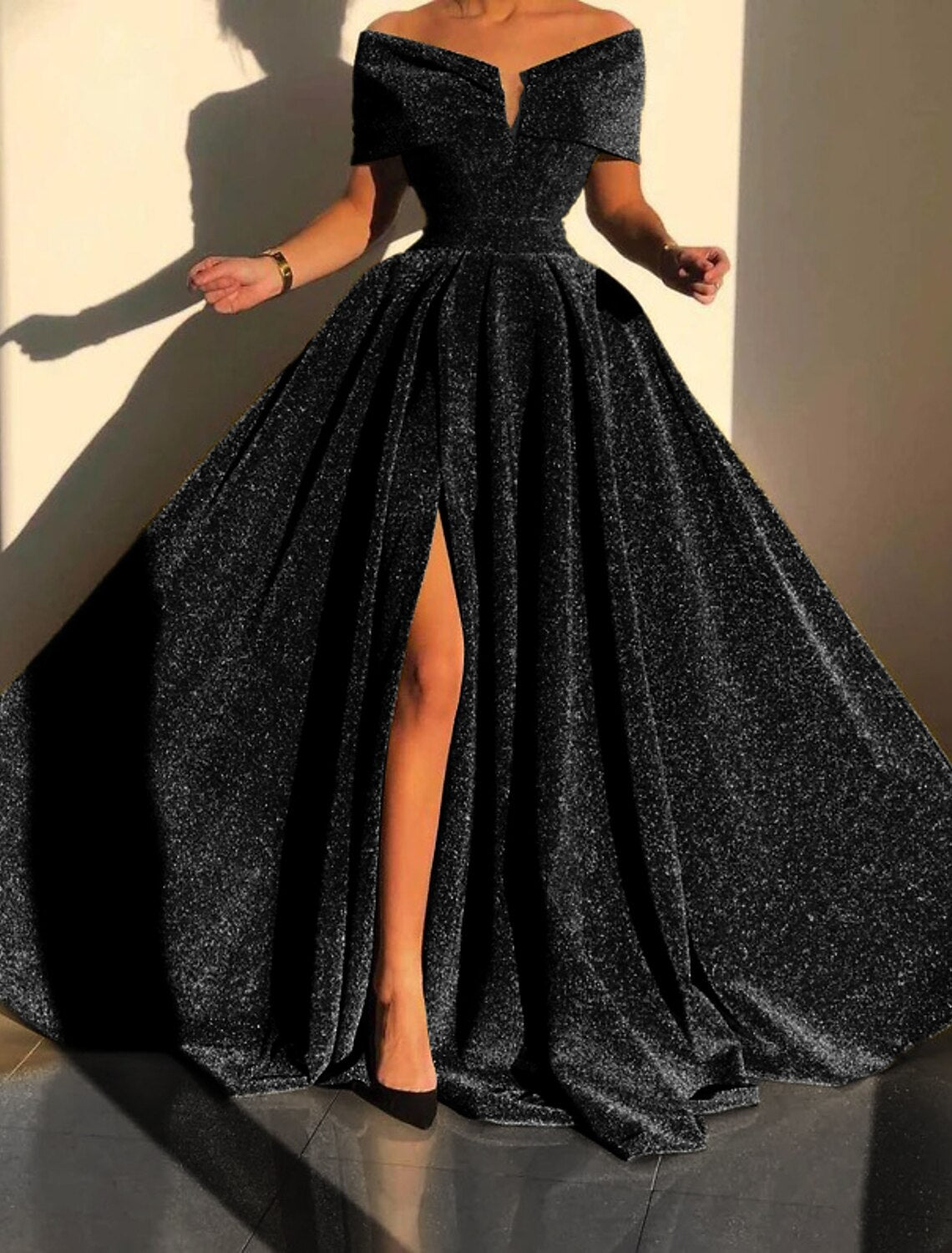 A-Line Evening Gown Sparkle & Shine Dress Formal Fall Court Train Sleeveless Off Shoulder Sequined