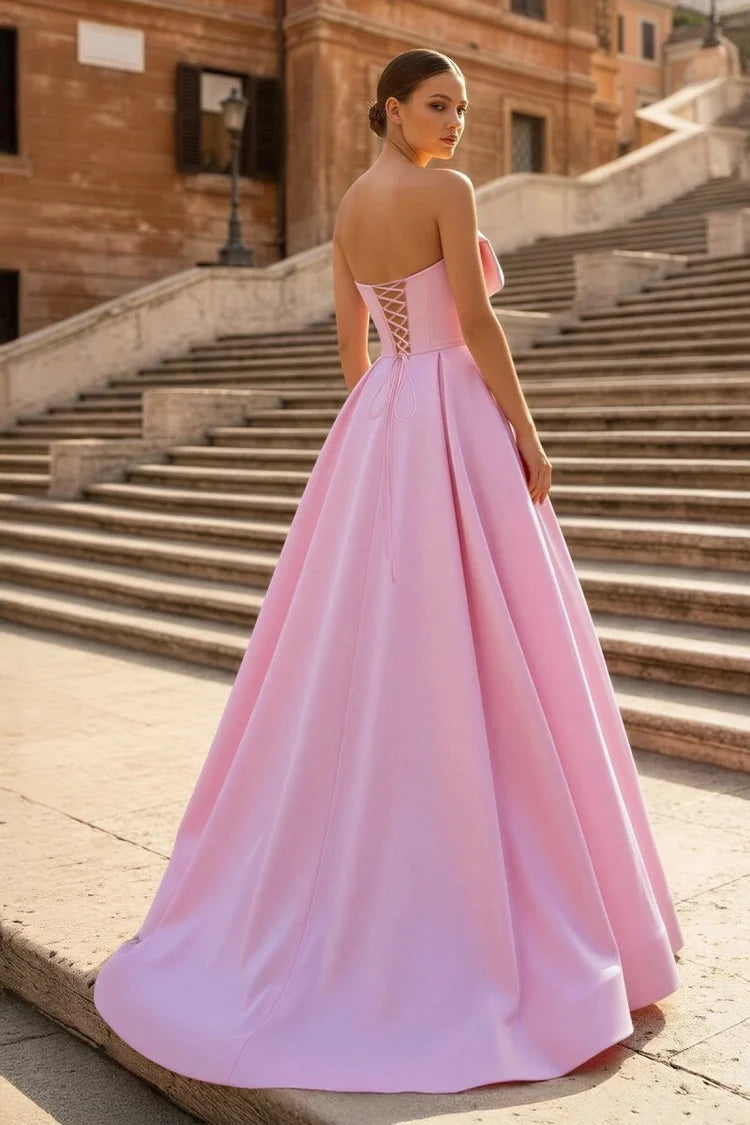 Blushing Pink Satin A-Line Sweetheart Lace-Up Back Floor-Length Dress