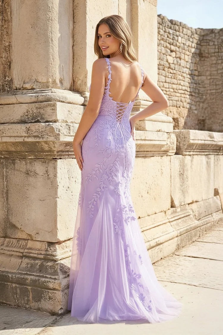 Lavender Tulle and Lace Mermaid V-Neck Lace-Up Back Floor-Length Dress