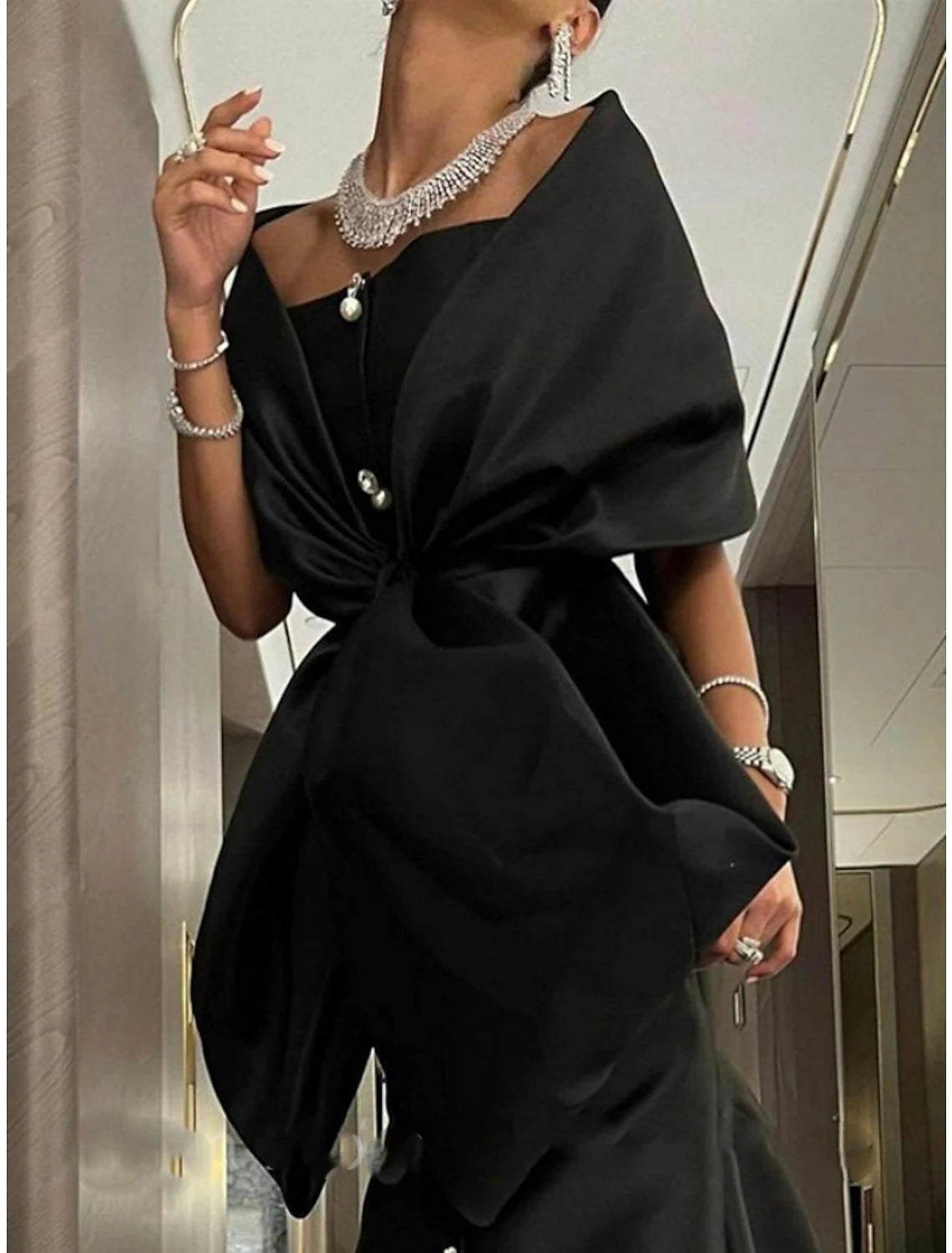 Mermaid / Trumpet Evening Gown Elegant Dress Formal Court Train Half Sleeve Off Shoulder Satin