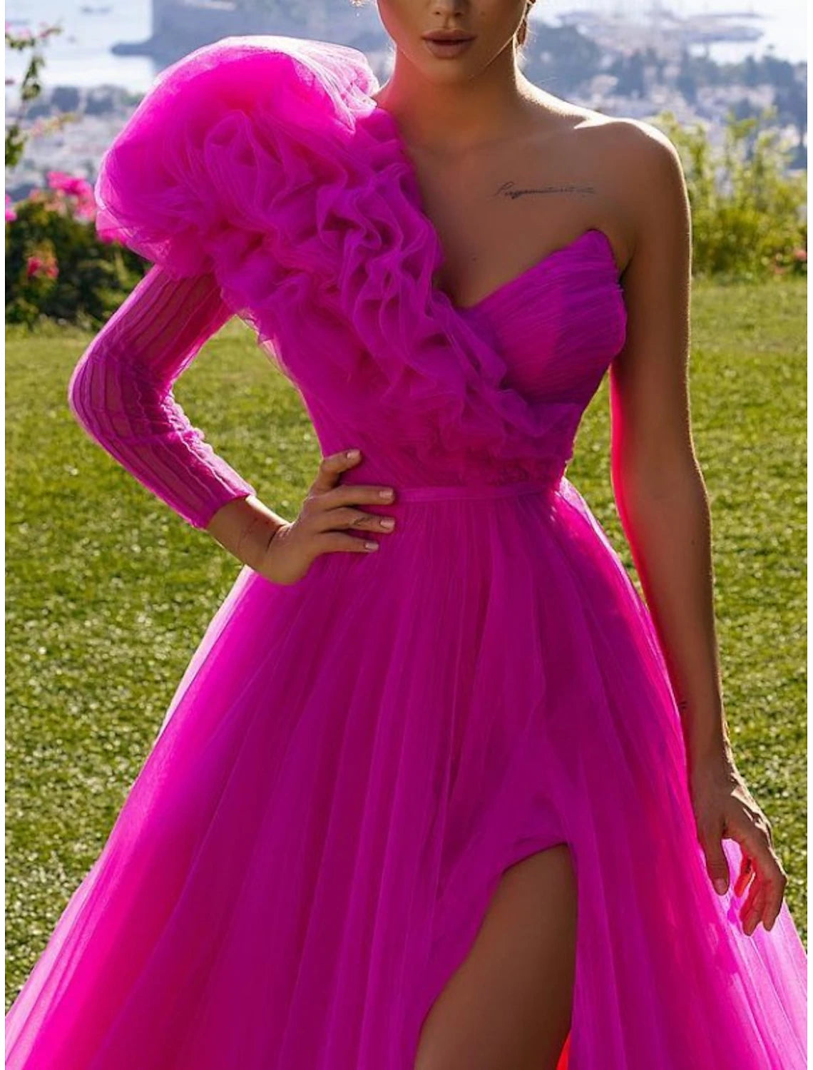 Ball Gown Evening Dresses Elegant Dress Prom Birthday Sweep / Brush Train Long Sleeve One Shoulder Tulle