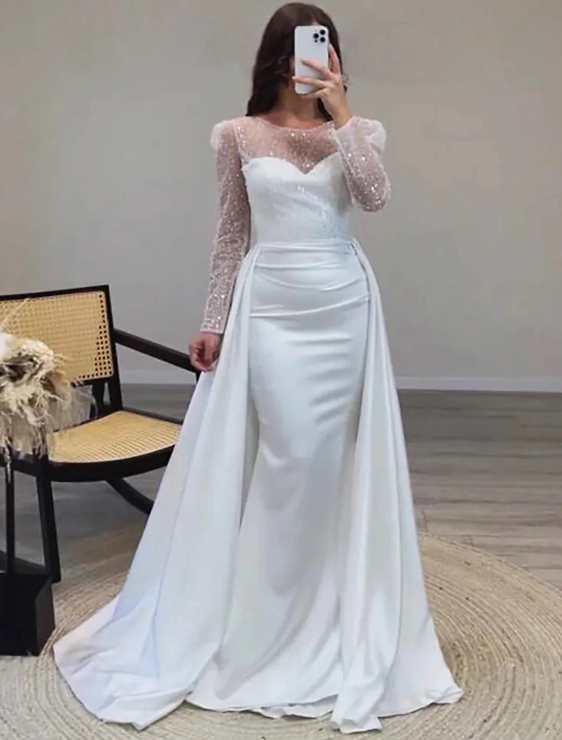 Mermaid Sequin Evening Gown Ruched Satin Dress Long Sleeves Floor Length Sparkle Illusion Neck Prom Wedding Guest Dress