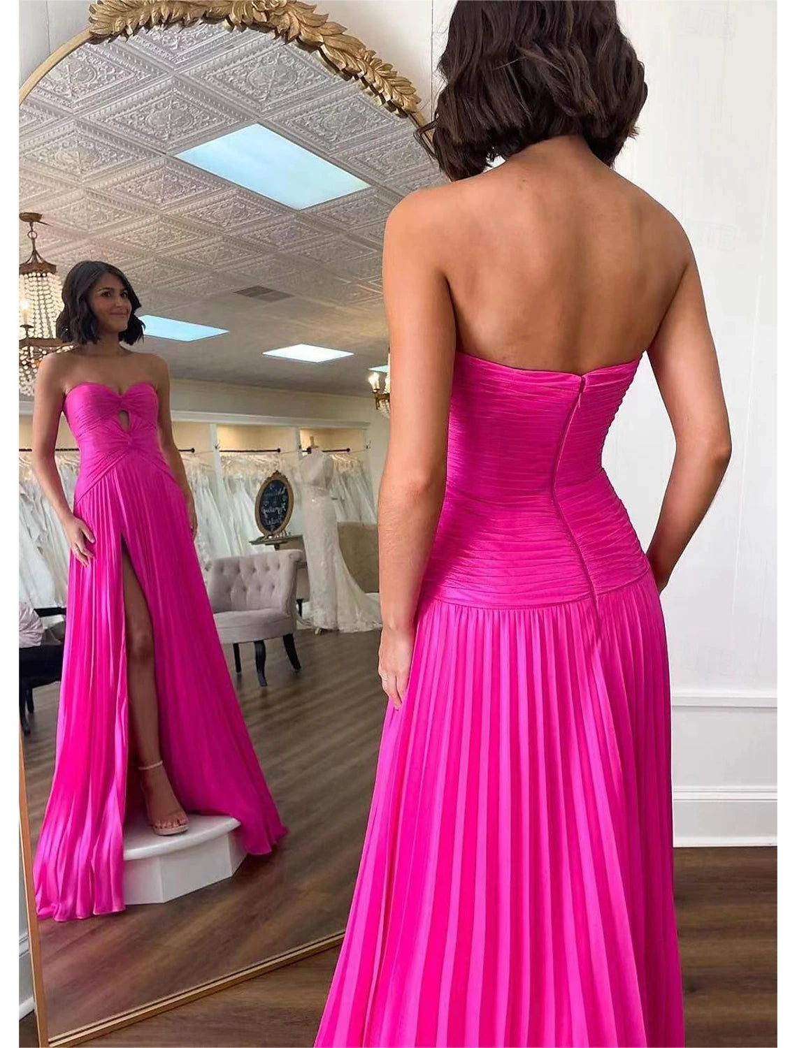 Vestidos de fiesta de corte A, vestido de fiesta, cola larga, sin mangas, sin tirantes, satén