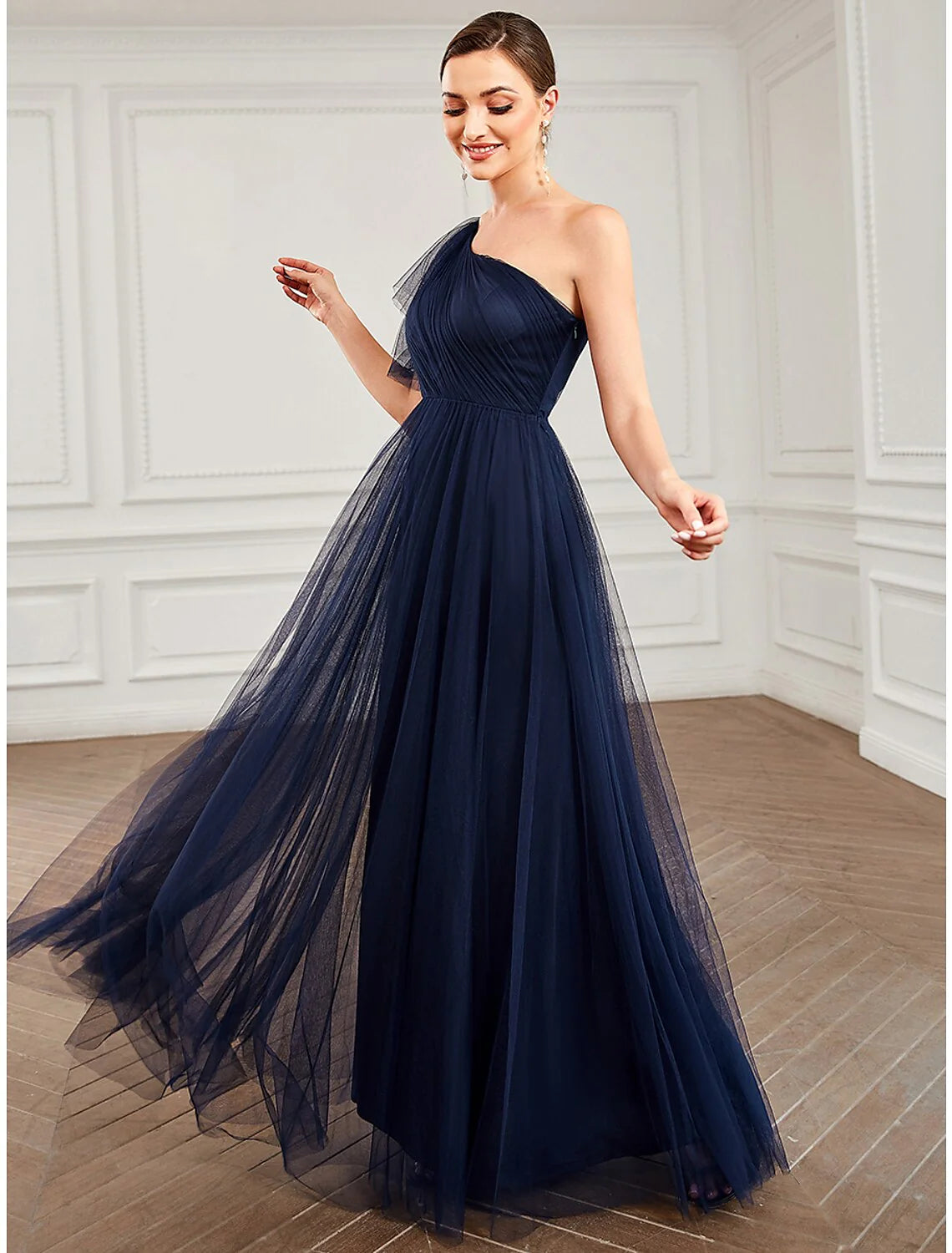 A-Line Party Dresses Minimalist Dress Quinceanera Floor Length Sleeveless One Shoulder Tulle