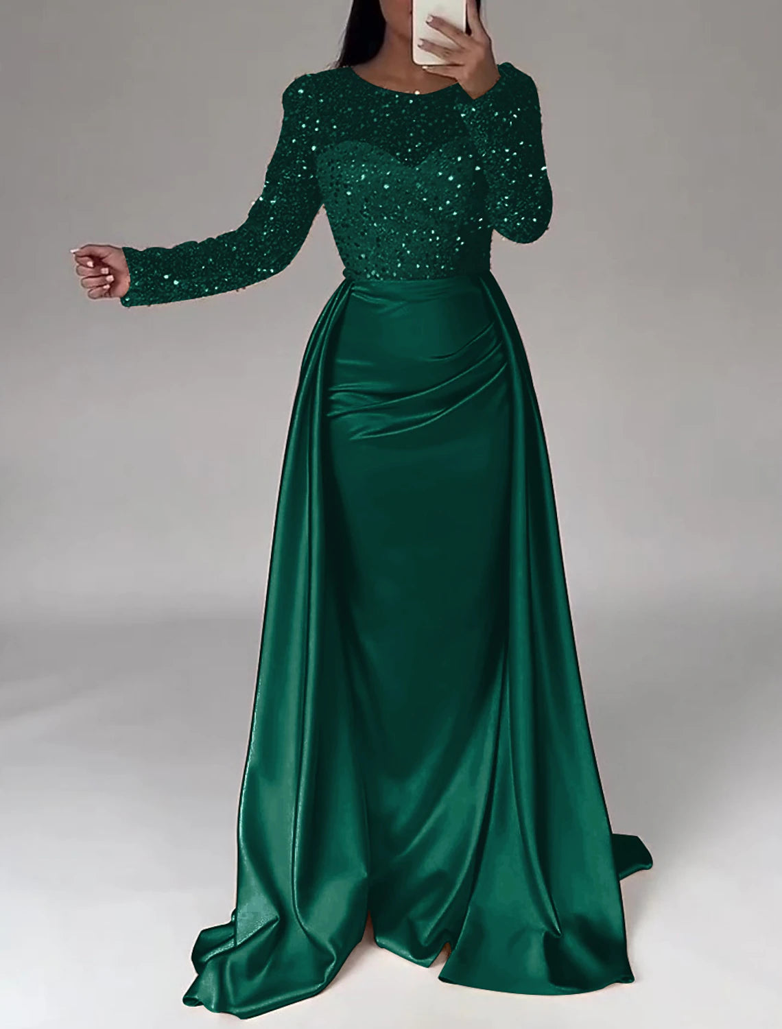 Mermaid Sequin Evening Gown Ruched Satin Dress Long Sleeves Floor Length Sparkle Illusion Neck Prom Wedding Guest Dress