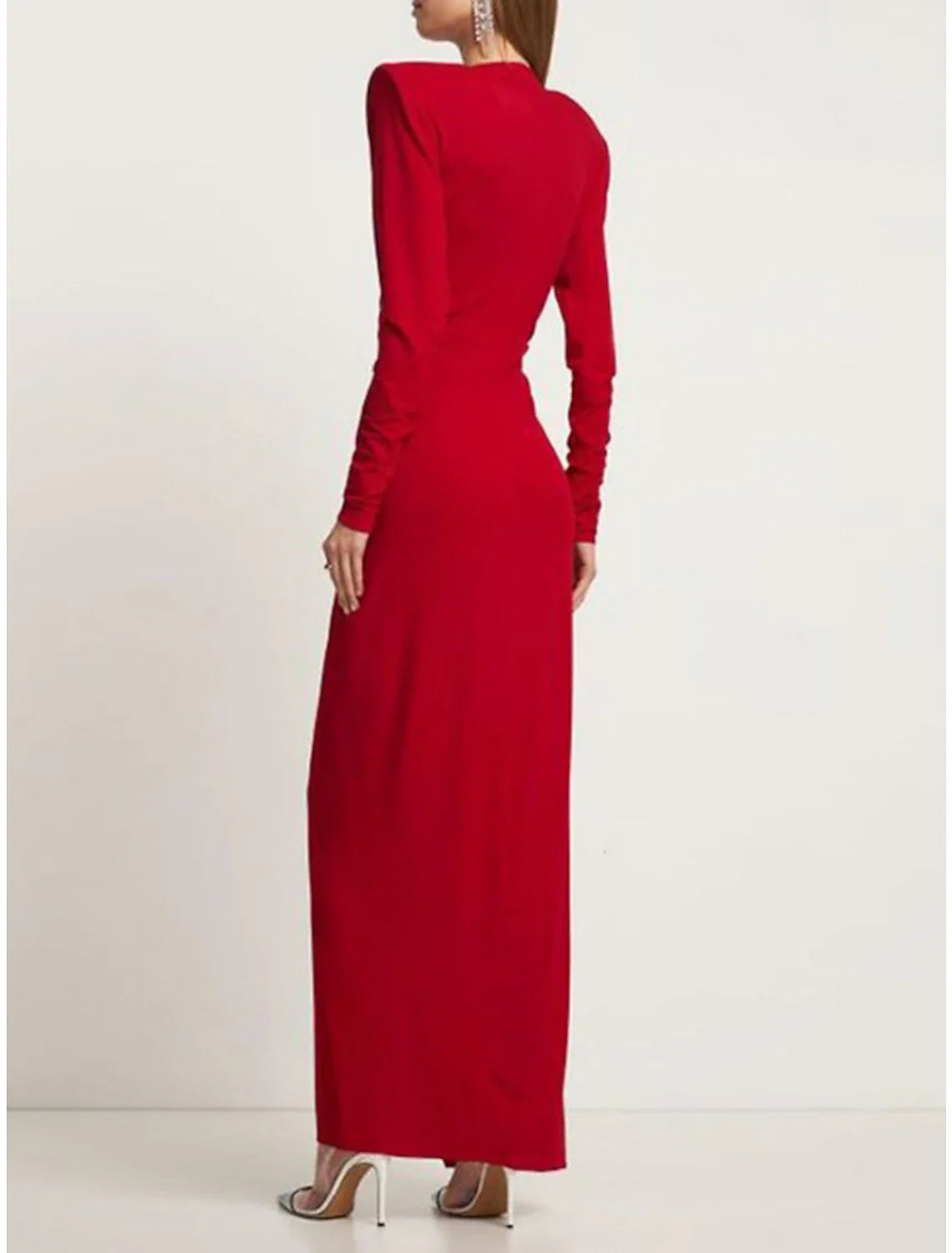Evening Gown Elegant Dress Formal Ankle Length Christmas Red Green Dress Long Sleeve V Neck Stretch Chiffon with Pleats Slit