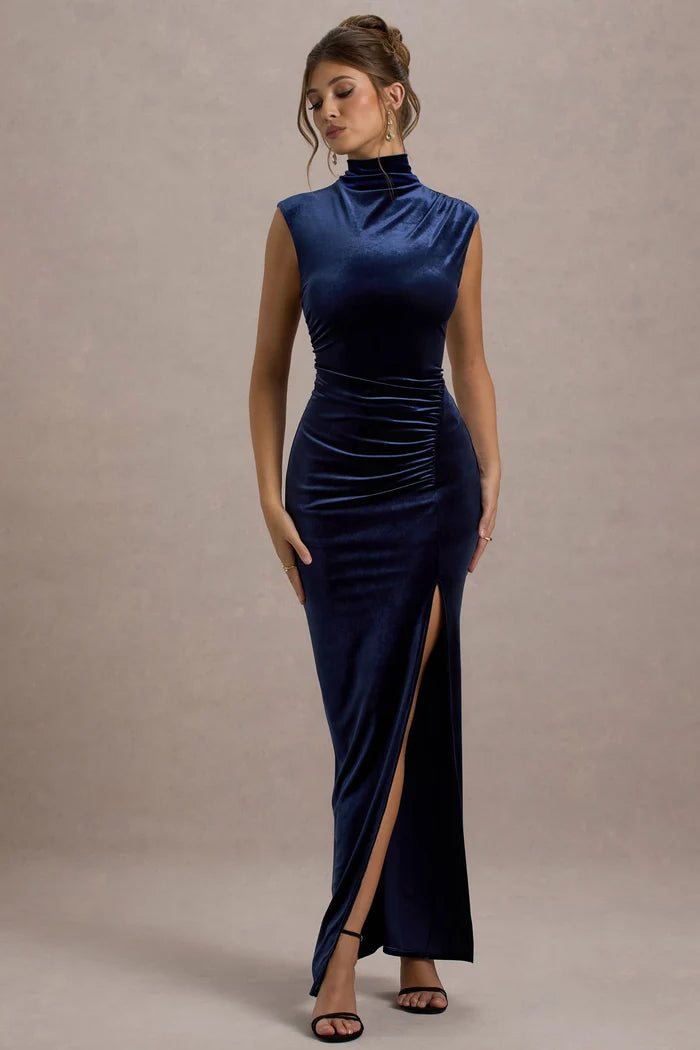 Navy Blue Velvet Sheath High Neck High Back Floor Length Dress