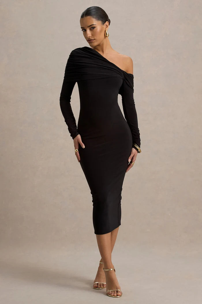 Black Stretch Knit Bodycon Off-the-Shoulder Zipper Back Midi Dress
