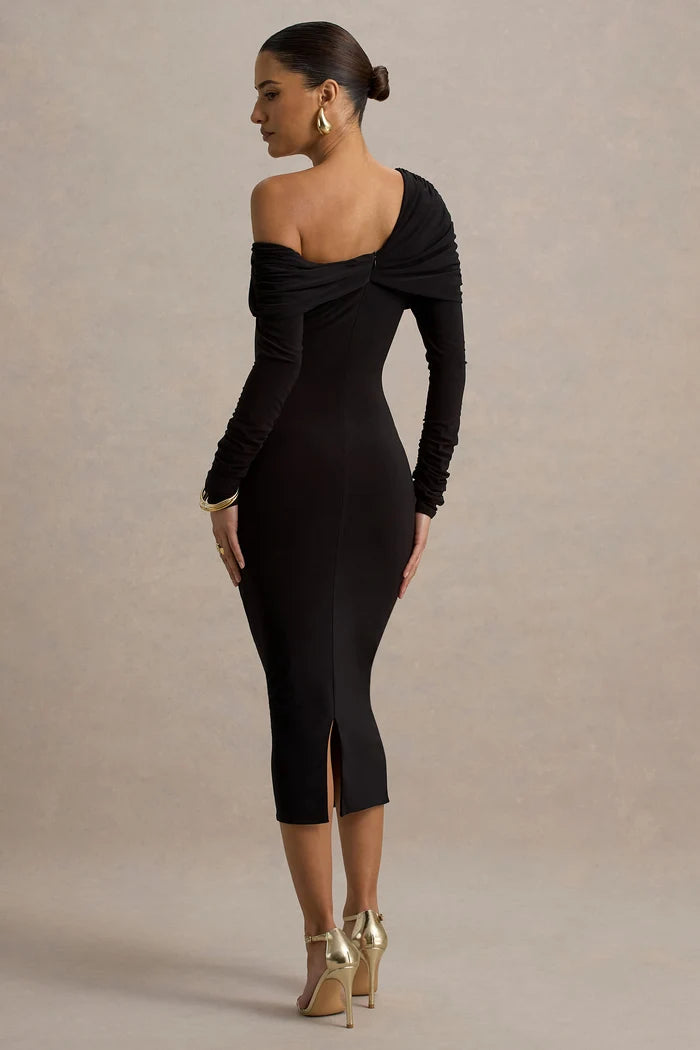 Black Stretch Knit Bodycon Off-the-Shoulder Zipper Back Midi Dress