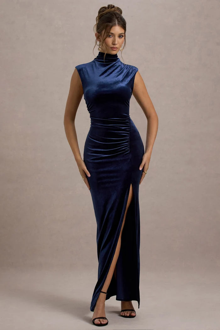 Navy Blue Velvet Sheath High Neck High Back Floor Length Dress
