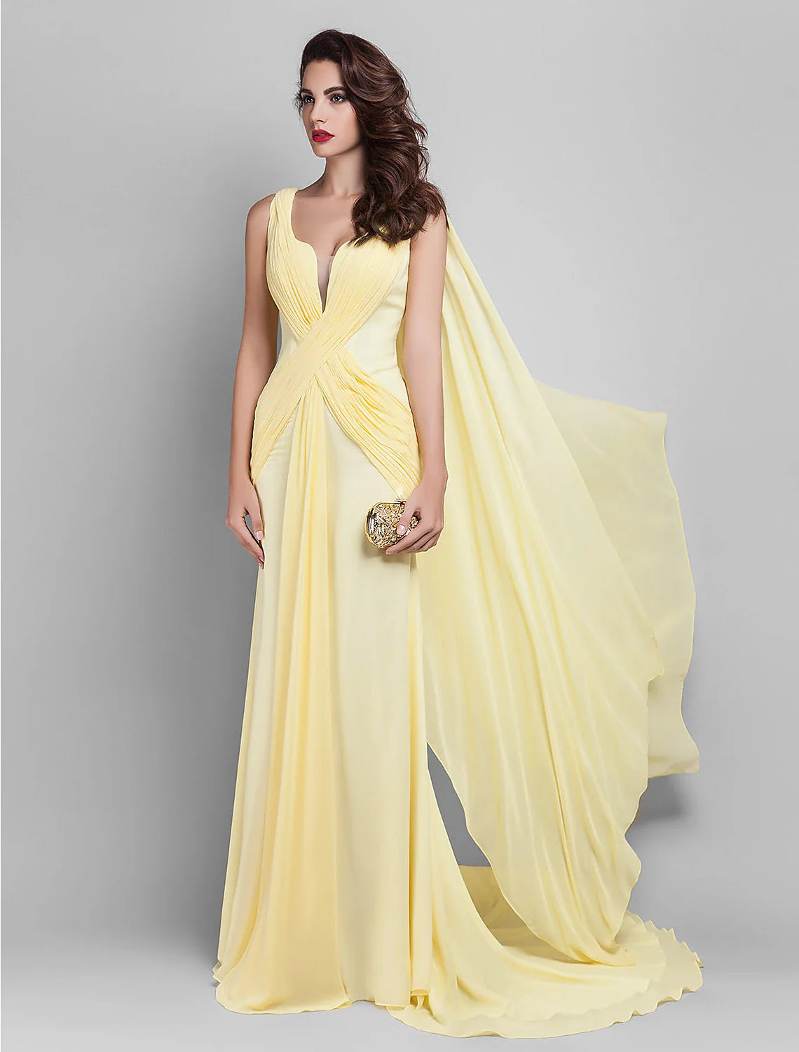 Evening Dress Wedding Guest Prom Court Train Sleeveless Plunging Neck Georgette V Back with Criss Cross Side Draping