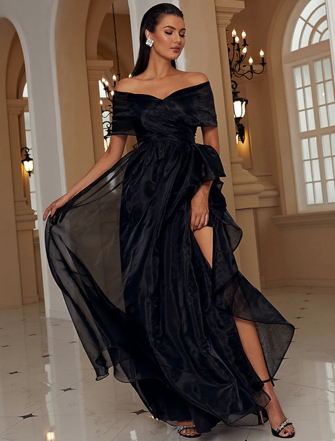 Evening Gown Sexy Dress Formal Wedding Guest Floor Length Short Sleeve Off Shoulder Wednesday Addams Family Polyester with Ruffles Slit