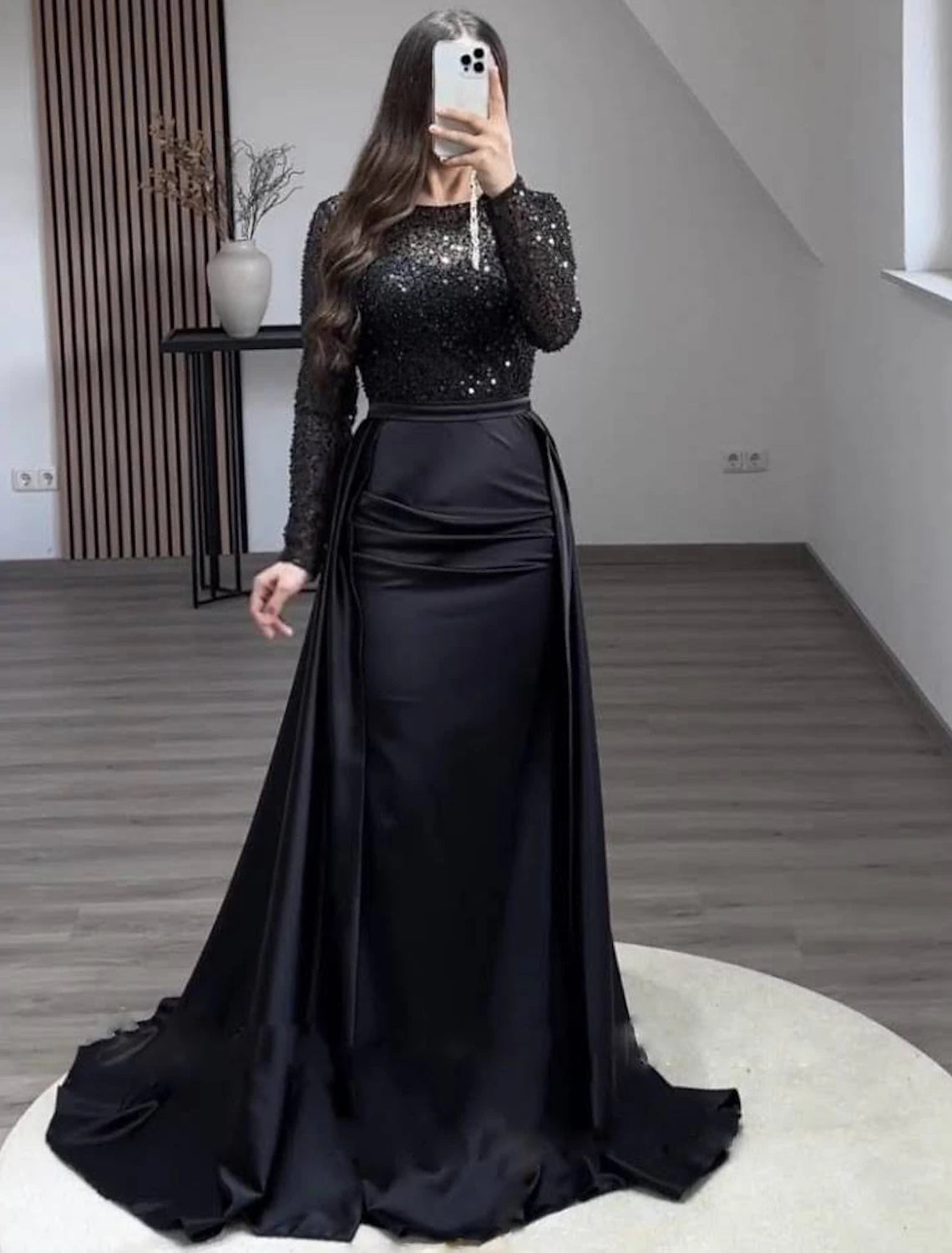 Mermaid Sequin Evening Gown Ruched Satin Dress Long Sleeves Floor Length Sparkle Illusion Neck Prom Wedding Guest Dress