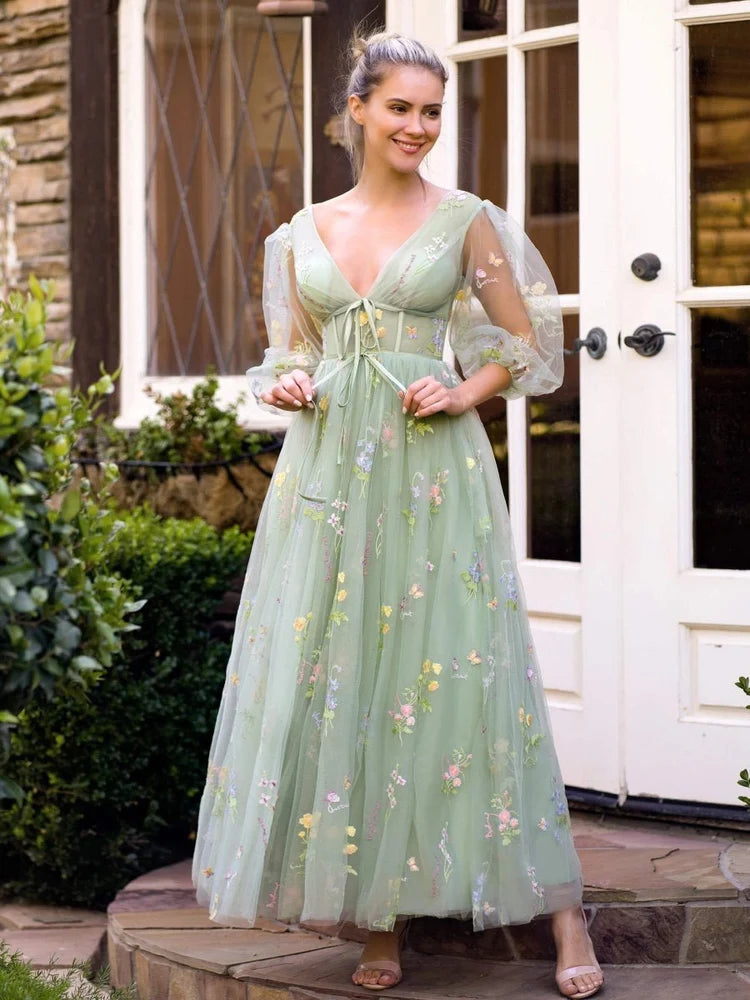 Sage Green Tulle A-Line V-Neck V-Back Floor-Length Dress
