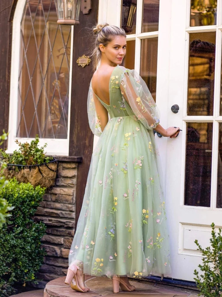 Sage Green Tulle A-Line V-Neck V-Back Floor-Length Dress