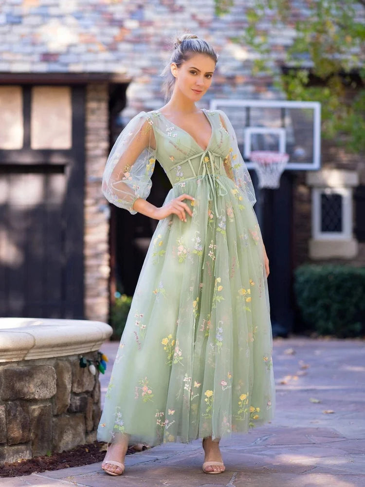 Sage Green Tulle A-Line V-Neck V-Back Floor-Length Dress
