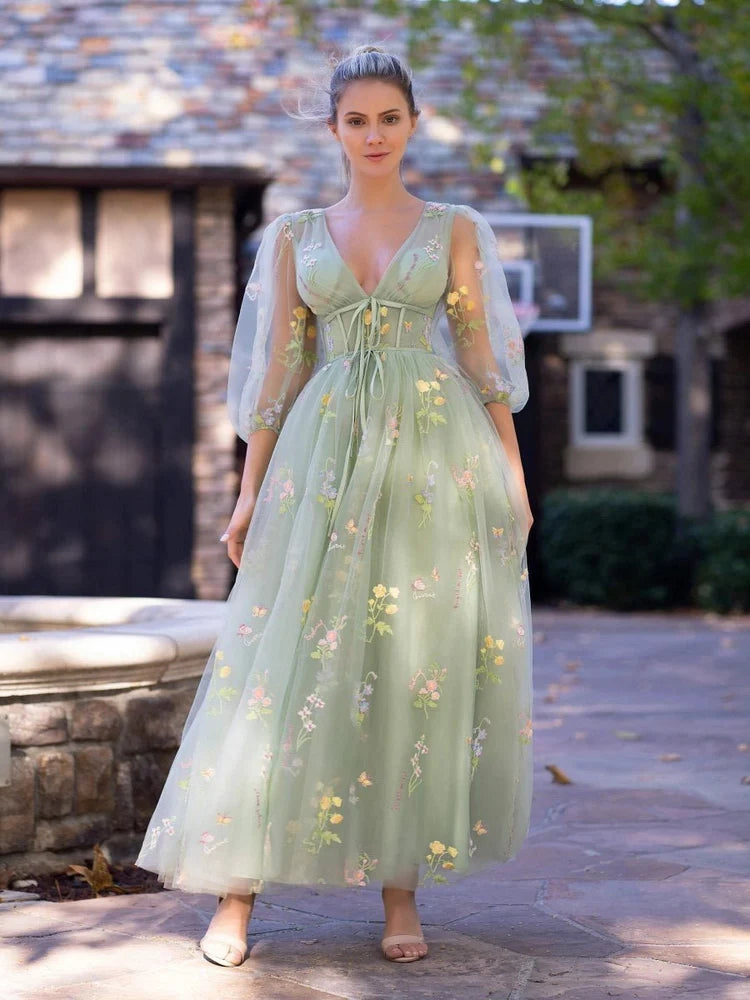 Sage Green Tulle A-Line V-Neck V-Back Floor-Length Dress