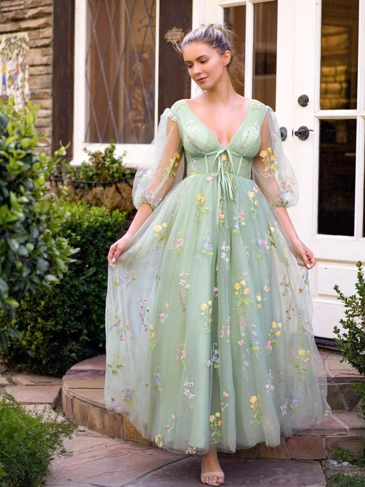 Sage Green Tulle A-Line V-Neck V-Back Floor-Length Dress