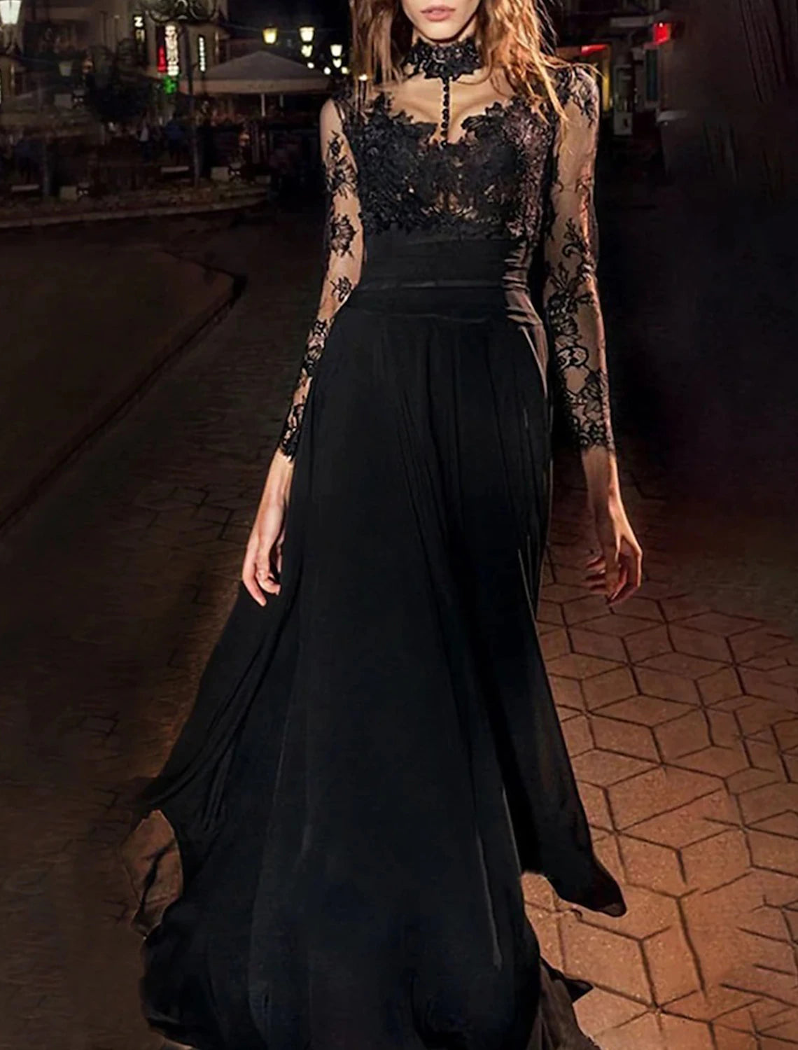 A-Line Evening Gown Vintage Dress Masquerade Floor Length Long Sleeve High Neck Black Dress Chiffon