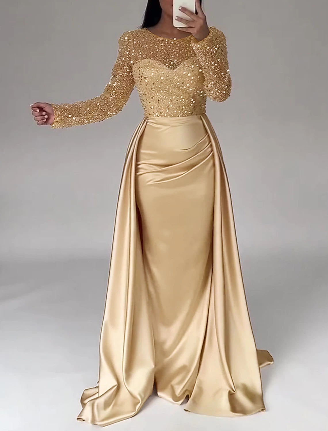 Mermaid Sequin Evening Gown Ruched Satin Dress Long Sleeves Floor Length Sparkle Illusion Neck Prom Wedding Guest Dress