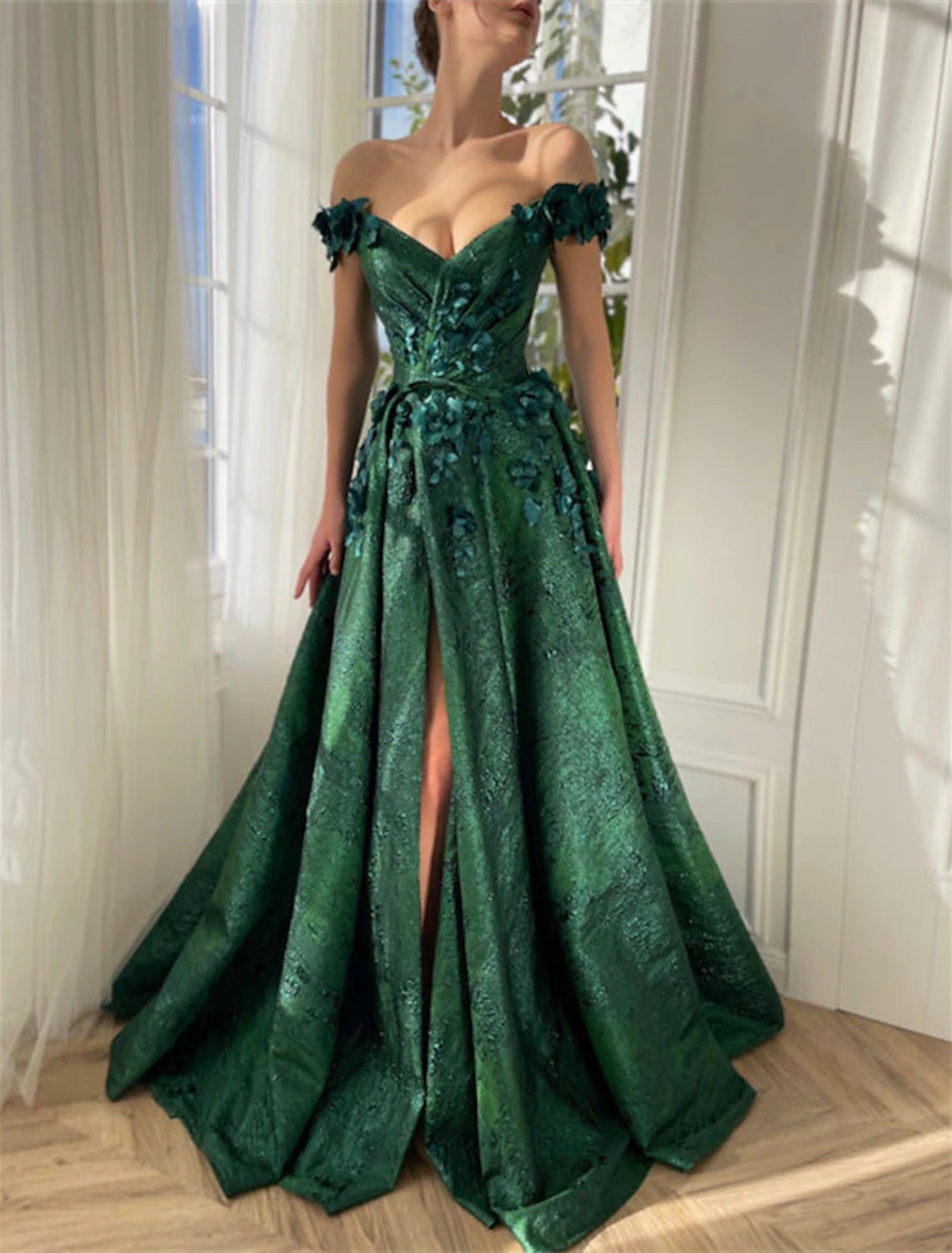 A-Line Evening Dresses Floral Dress Wedding Guest Wedding Party Court Train Sleeveless Off Shoulder Satin