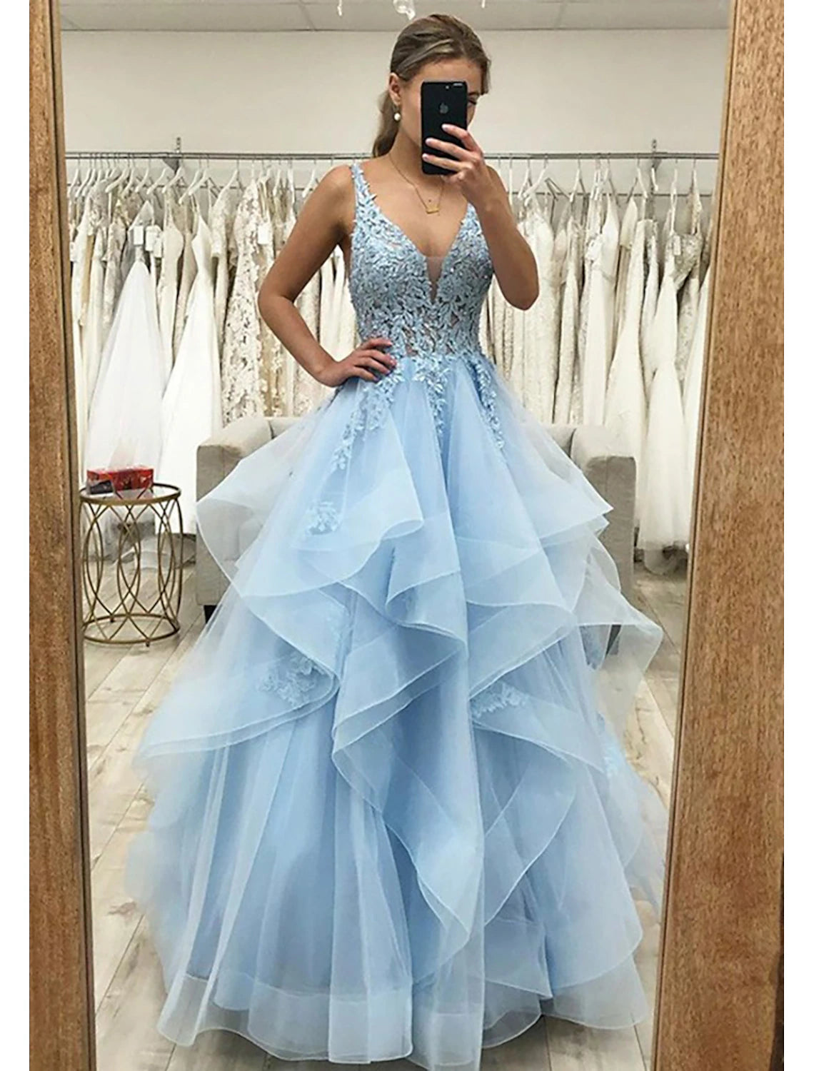 Ball Gown A-Line Evening Dresses Princess Dress Formal Wedding Guest Floor Length Sleeveless V Neck Tulle Backless