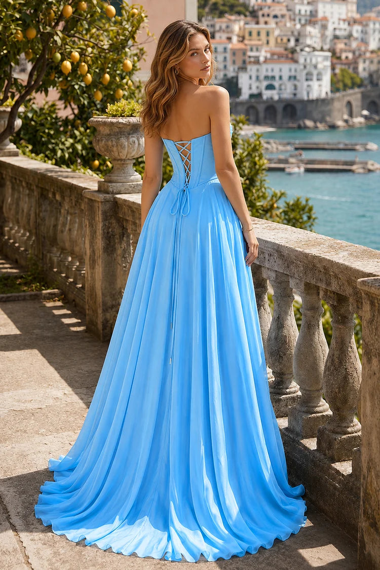 Strapless bow corset chiffon high slit prom gown