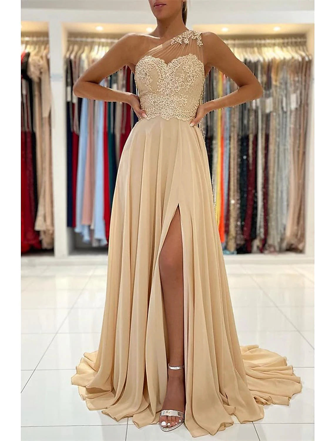 A-Line Evening Dresses Sexy Dress Formal Wedding Guest Court Train Sleeveless One Shoulder Chiffon