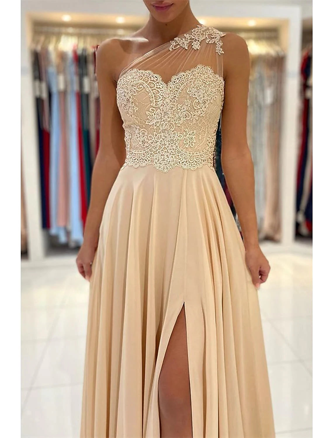 A-Line Evening Dresses Sexy Dress Formal Wedding Guest Court Train Sleeveless One Shoulder Chiffon