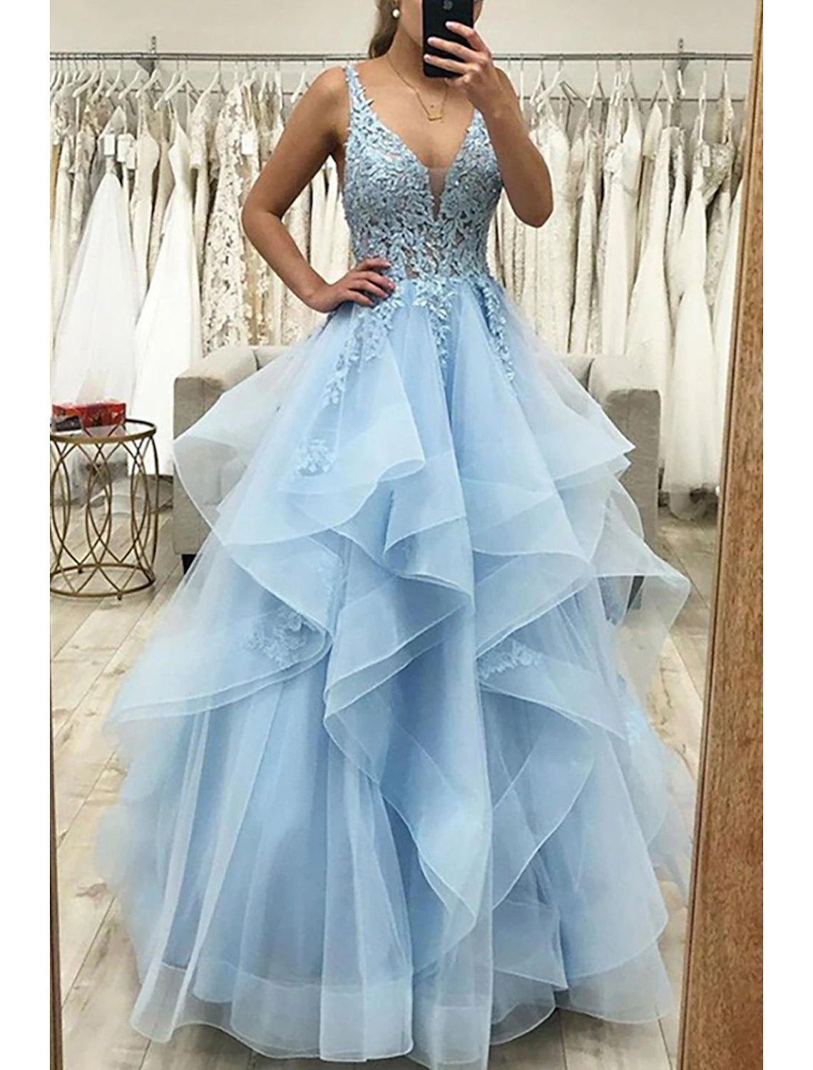Ball Gown A-Line Evening Dresses Princess Dress Formal Wedding Guest Floor Length Sleeveless V Neck Tulle Backless