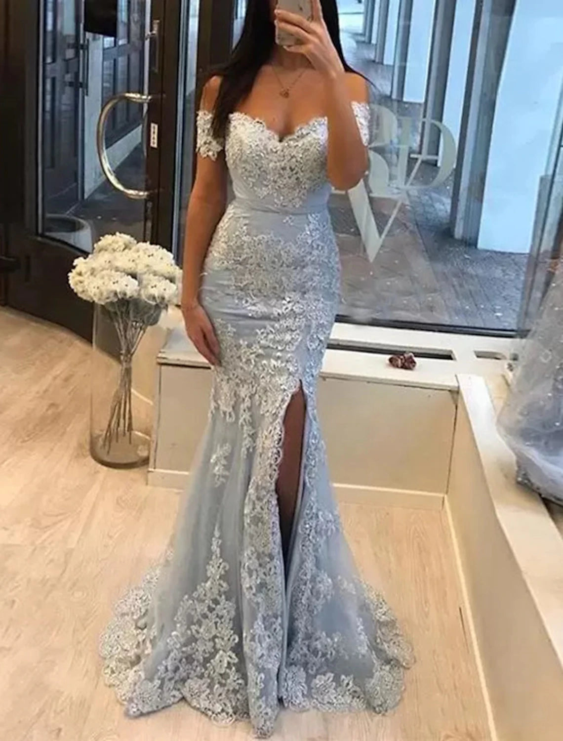 Mermaid Party Dress Evening Dresses Luxurious Dress Formal Wedding Guest Sweep / Brush Train Sleeveless Off Shoulder Tulle