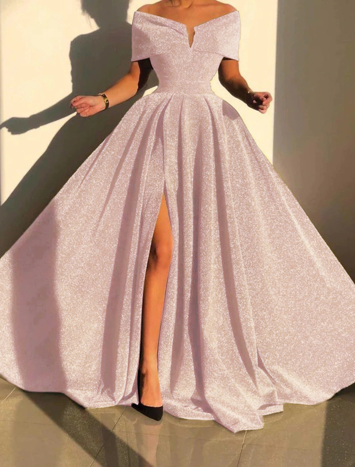 A-Line Evening Gown Sparkle & Shine Dress Formal Fall Court Train Sleeveless Off Shoulder Sequined
