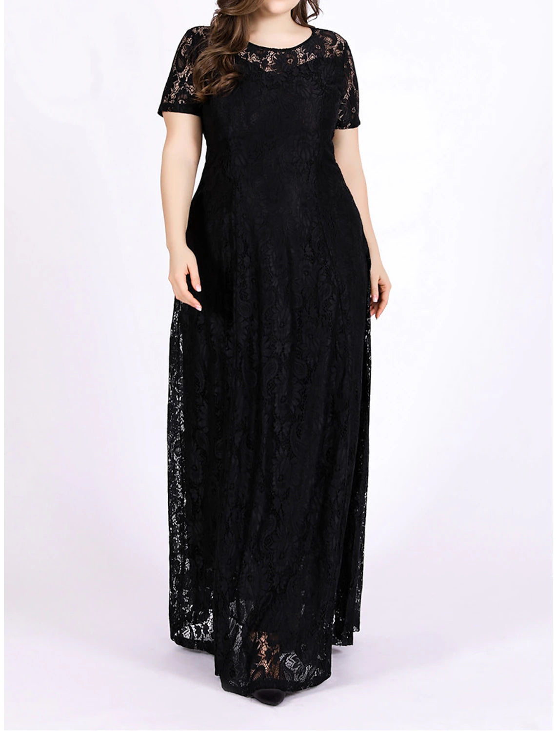Weitese Femme Grande Taille Robe Noire Robe de Bal Robe de Soirée Robe Longue Robe Maxi Noir Blanc Manches Courtes Dentelle Unie Été Printemps Automne Col Rond Élégant Invité de Mariage Anniversaire Soirée Fête