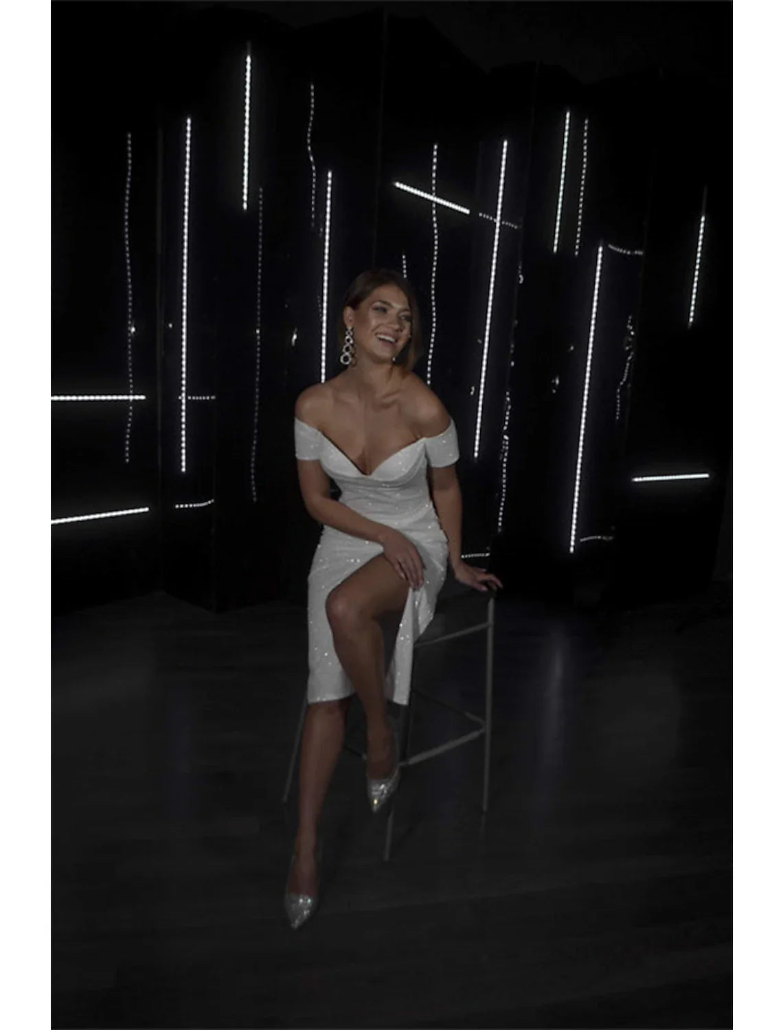 Bachelorette Party Sparkle & Shine Little White Dresses Wedding Dresses Sheath / Column Off Shoulder Cap Sleeve Tea Length Sequined Bridal Gowns