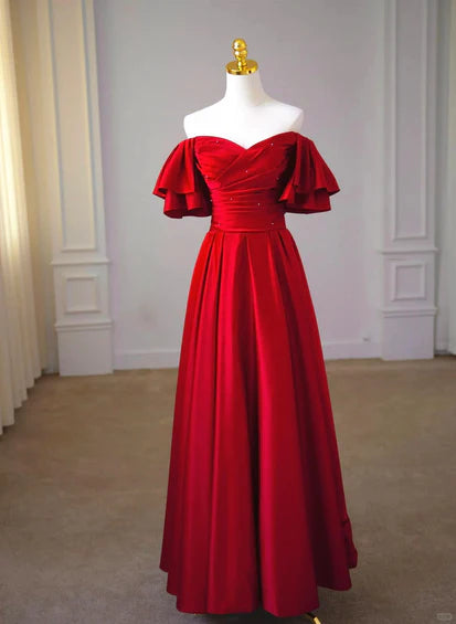 Vestido de fiesta largo de manga corta de satén rojo vino