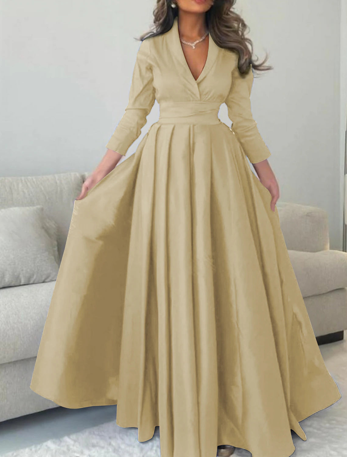 Weitese Satin A-Line Evening Gown Green Elegant Dress Formal Champagne Red Green Dress Floor Length 3/4 Length Sleeve V Neck with Pleats