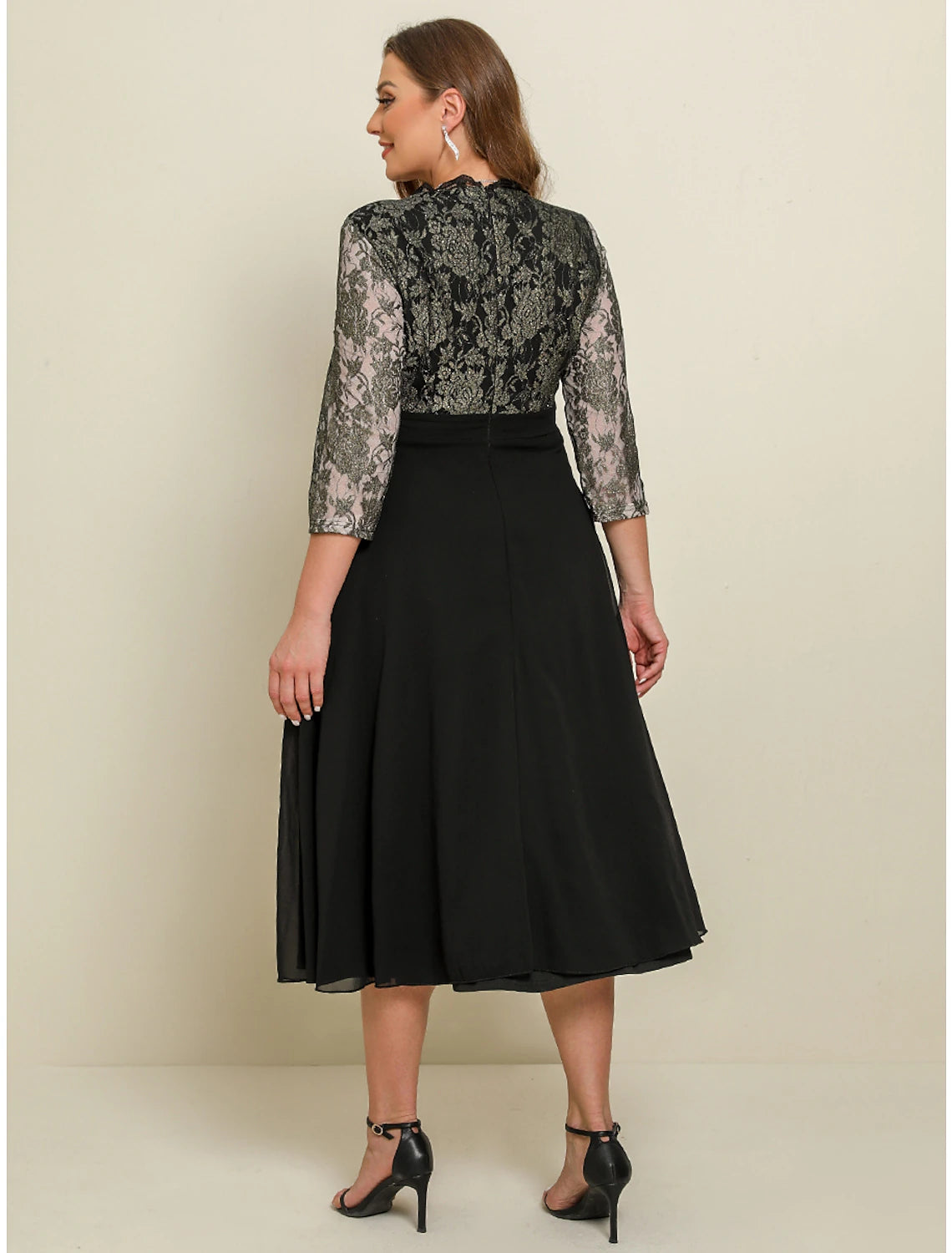 Robe noire pour femme, robe de bal, robe en dentelle noire, grande taille, robe de soirée, robe trapèze, robe longue à fleurs, robe longue, manches 3/4, patchwork, col en V, robe d'invitée de mariage
