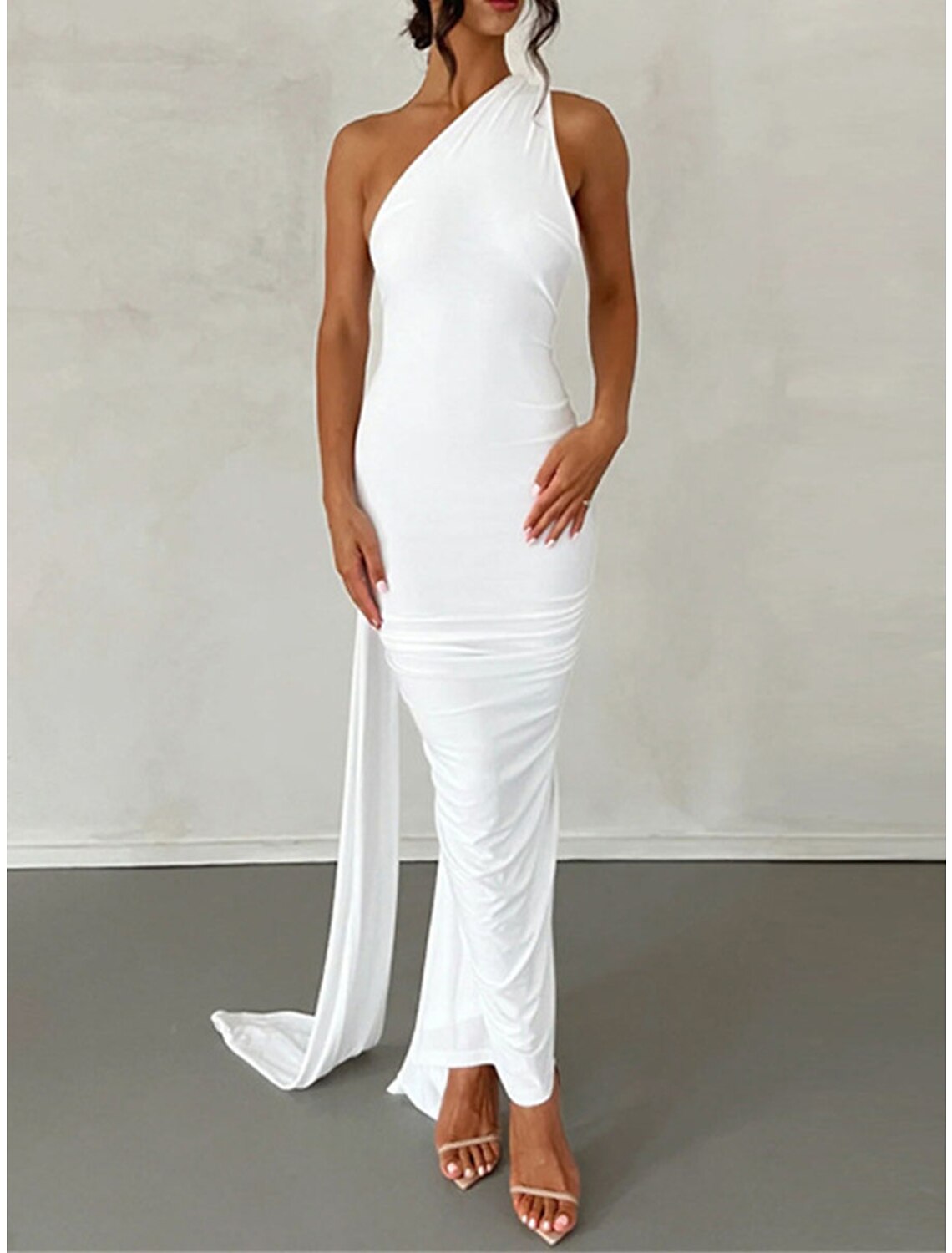 Weitese Women's Little Black Dress Prom Dress Party Dress Dress Long Dress Maxi Dress White Fuchsia Sleeveless Ruched Spring Fall Winter One Shoulder Fashion Evening